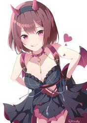  :q absurdres bare_shoulders black_dress black_gloves blush bob_cut breasts chest_harness cleavage closed_mouth collar collarbone cowboy_shot demon_horns demon_wings dot_nose dress fake_horns fake_wings female fingerless_gloves gloves hair_between_eyes hands_on_own_hips harness heart highres horns ibuki_nagisa idoly_pride large_breasts pink_collar pink_eyes pleated_dress raised_eyebrows red_hair rj_edward_(artist) short_hair sidelocks simple_background smile solo tongue tongue_out watermark white_background wings 