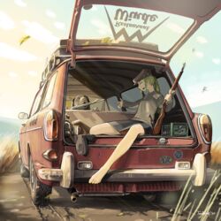  absurdres artist_name autumn barefoot canine car closed_eyes commentary_request commission female green_hair gun hat highres holding holding_gun holding_weapon jettoburikku motor_vehicle open_mouth original pixiv_commission scenery sitting tied_hair vehicle_focus volkswagen volkswagen_type_3 weapon 