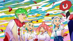  1boy 3girls amano_pikamee antenna_hair arms_behind_back bare_shoulders black_hairband blonde_hair blue_eyes blue_hair blue_neckerchief bright_pupils collarbone colored_inner_hair commentary cropped_hoodie daimonji_ryugon debris english_commentary facial_mark glasses green_hair green_nails hair_between_eyes hairband hand_in_pocket hand_up haneuzu_miuneru highres hikasa_tomoshika hood hood_down hoodie jacket long_hair long_sleeves looking_at_another looking_to_the_side magnet midriff multicolored_hair multiple_girls neckerchief off-shoulder_shirt off_shoulder red-tinted_eyewear red_eyes red_hair sharp_teeth shirt short_hair sign star_(symbol) teeth tinted_eyewear twintails two-tone_hair upper_body virtual_youtuber voms white_hoodie white_pupils white_shirt yin_midnight 