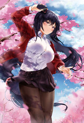  azur_lane black_hair black_skirt blue_bra bra bra_visible_through_clothes breasts brown_pantyhose button_gap cardigan cellphone cherry_blossoms cloud cloudy_sky collared_shirt day female flower from_below highres holding holding_phone huge_breasts long_hair looking_at_viewer looking_down miniskirt official_alternate_costume okame._(okame124) open_cardigan open_clothes outdoors pantyhose partially_unbuttoned petals phone pink_flower pleated_skirt red_cardigan school_uniform shirt skirt sky smartphone solo taihou_(azur_lane) taihou_(sweet_time_after_school)_(azur_lane) taut_clothes taut_shirt underwear very_long_hair 