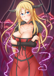  anti_(untea9) black_choker breasts choker cleavage collarbone cosplay crossed_arms dress fake_horns female heart heart-shaped_lock heart_choker highres horns kantai_collection large_breasts long_sleeves looking_at_viewer maou_(maoyuu) maou_(maoyuu)_(cosplay) maoyuu_maou_yuusha nelson_(kancolle) open_mouth red_dress solo 