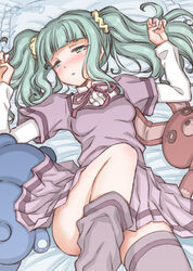  arms_at_sides artist_name bed bed_sheet blunt_bangs blush breasts center_frills commentary_request dot_nose eyelashes feet_out_of_frame female frills from_below furrowed_brow futaba_sana green_eyes green_hair grey_thighhighs half-closed_eyes hand_rest head_tilt high_collar knee_up layered_sleeves long_eyelashes long_sleeves looking_at_viewer loose_thighhigh lying magia_record:_mahou_shoujo_madoka_magica_gaiden mahou_shoujo_madoka_magica messy_hair mizuna_girls&#039;_academy_school_uniform neck_ribbon on_back on_bed parted_lips pillow pleated_skirt purple_ribbon purple_skirt ribbon school_uniform scrunchie short_over_long_sleeves short_sleeves shy sidelocks skirt small_breasts solo studiozombie stuffed_animal stuffed_rabbit stuffed_toy teddy_bear thighhighs thighs twintails underboob unworn_legwear wavy_hair yellow_scrunchie zettai_ryouiki 