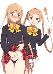  2girls :d absurdres afterimage ass_visible_through_thighs black_jacket black_panties blue_eyes blush bow brown_hair chuunibyou_demo_koi_ga_shitai! closed_mouth clothes_lift collared_shirt commentary_request dekomori_sanae forehead frilled_skirt frills groin highres icho_private_high_school_uniform jacket lifting_own_clothes long_hair long_sleeves mitchi multiple_girls nibutani_shinka nose_blush panties parted_bangs plaid plaid_skirt red_skirt school_uniform shirt simple_background skirt skirt_lift smile sweat thigh_gap twintails underwear v-shaped_eyebrows very_long_hair wavy_mouth white_background white_shirt yellow_bow 