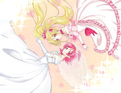  2girls aida_mana bad_id bad_pixiv_id bare_shoulders blonde_hair bridal_veil bride cure_heart cure_heart_(engage_mode) dokidoki!_precure dress dual_persona heart highres jewelry kannazuki09 long_hair lying multiple_girls necklace on_side pink_eyes pink_hair ponytail precure short_hair smile veil wedding_dress 