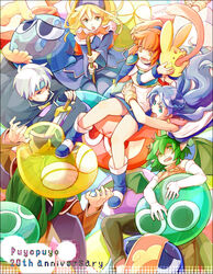  2boys 4girls anniversary arle_nadja bad_id bad_pixiv_id blob blonde_hair blue_eyes blue_hair blue_headband boots brown_hair carbuncle_(puyopuyo) china_dress chinese_clothes commentary_request copyright_name creature draco_centauros dress gloves green_eyes green_hair half_updo hat headband long_hair madou_monogatari multiple_boys multiple_girls nakatoe pants pointy_ears puyo_(puyopuyo) puyopuyo rulue_(puyopuyo) satan_(puyopuyo) schezo_wegey see-through short_hair skirt suketoudara surprised sweat sword tongue weapon white_hair witch_(puyopuyo) yellow_eyes 