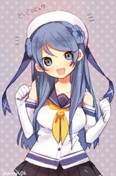  alternate_hairstyle bad_id bad_pixiv_id blue_eyes blue_hair double_bun elbow_gloves female gloves hair_bun hat kantai_collection long_hair natsumi_(natumi06) neckerchief sleeves_rolled_up smile solo translated urakaze_(kancolle) white_hat yellow_neckerchief 