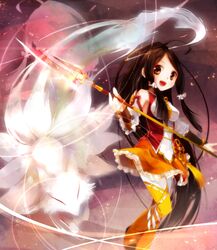  ara_haan black_hair brown_eyes commentary_request elsword eun_(elsword) female fox frills full_body highres little_xia_(elsword) long_hair malmaron orange_skirt orange_thighhighs polearm skirt smile solo spear thighhighs weapon 