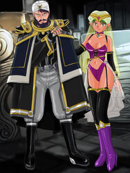  1boy bare_shoulders beard belt black_eyes boots breasts cape captain_future choker cleavage commentary_request earrings elbow_gloves facial_hair female garter_straps gloves green_hair jewelry large_breasts marison_(aono107) moustache n&#039;rala navel pointy_ears thighhighs turban ul_quorn veil yellow_eyes 