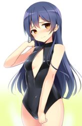  bare_arms bare_legs black_one-piece_swimsuit blue_hair blush breasts commentary_request embarrassed female front_zipper_swimsuit hair_between_eyes hand_on_own_head long_hair looking_at_viewer love_live! love_live!_school_idol_project meme_attire natsuki_shuri one-piece_swimsuit small_breasts solo sonoda_umi swimsuit yellow_eyes 