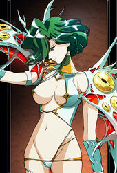  breasts brown_background commentary_request cowboy_shot female ferakia_(langrisser) green_hair hikaru_(mikan0407) langrisser large_breasts looking_away monster_girl navel official_style revealing_clothes short_hair smile solo urushihara_satoshi_(style) 