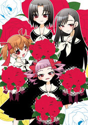  108_(108_tofuya) 4girls black_hair bouquet brown_hair commentary_request flower fukuzawa_yumi hair_ribbon lillian_girls&#039;_academy_school_uniform maria-sama_ga_miteru matsudaira_touko mizuno_youko multiple_girls no_nose ogasawara_sachiko purple_hair red_eyes red_flower red_rose ribbon rose school_uniform serafuku short_hair twintails white_flower white_rose yellow_flower yellow_rose 