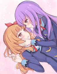  2girls aikatsu! aikatsu!_(series) blue_jacket blush commentary_request cowgirl_position eye_contact hair_between_eyes hair_ribbon hand_on_another&#039;s_cheek hand_on_another&#039;s_face highres hikami_sumire jacket light_brown_hair long_hair long_sleeves looking_at_another lying makiaato multiple_girls on_back ozora_akari parted_lips profile purple_eyes purple_hair red_eyes red_ribbon ribbon school_uniform shirt starlight_academy_school_uniform very_long_hair white_shirt yuri 