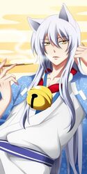  1boy animal_ears bad_id bad_pixiv_id bell bishounen commentary fox_ears grey_hair gugure!_kokkuri-san haori japanese_clothes katze_(776642) kimono kiseru kitsune kokkuri-san_(gugukoku) long_hair male_focus open_mouth smoking_pipe solo very_long_hair yellow_eyes 