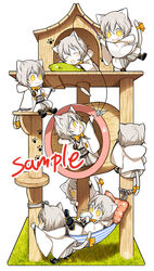  6+boys :3 animal_ears anz_(starry) bottle bow cat_ears cat_tail cat_teaser chibi climbing clone closed_eyes commentary_request drinking drooling fishing_rod hammock hood japanese_clothes male_focus multiple_boys open_mouth origami paper_crane paw_print photoshop_(medium) pillow sample_watermark smile tail touken_ranbu tsurumaru_kuninaga watermark white_hair yellow_eyes 