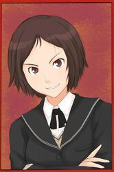  amagami brown_eyes brown_hair commentary_request crossed_arms female grin kibito_high_school_uniform kurosawa_noriko looking_at_viewer parted_lips red_background sailor_collar school_uniform short_hair smile solo takemi_kaoru 