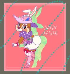  2016 anthro biped border cheek_tuft chip_&#039;n_dale chipmunk clarice_(disney) clothed clothing disney dress easter english_text eyelashes facial_tuft fake_ears fake_rabbit_ears fake_rabbit_tail fake_tail female flower footwear fur gloves ground_squirrel handwear hat headgear headwear high_heels holiday_message holidays kurokuma824 looking_back mammal on_one_leg open_mouth open_smile pink_background plant red_nose rodent rose_(flower) sciurid shoes simple_background smile solo standing tan_body tan_fur text tuft white_clothing white_gloves white_handwear yellow_border 