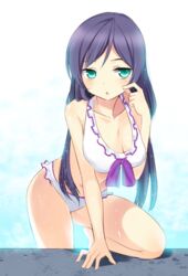  aqua_eyes bare_arms bare_legs bikini binetsu_kara_mystery breasts commentary_request female large_breasts leaning_forward long_hair looking_at_viewer love_live! love_live!_school_idol_project midriff natsuki_shuri navel open_mouth pool purple_hair solo swimsuit tojo_nozomi very_long_hair white_bikini 