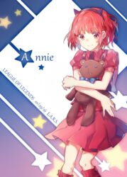  annie_(league_of_legends) bag commentary fanziju female hugging_object league_of_legends red_eyes red_hair ribbon school_bag solo stuffed_animal stuffed_toy symbol-only_commentary teddy_bear tibbers 