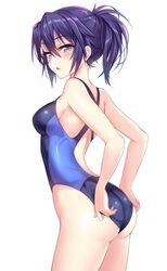  :o adjusting_clothes adjusting_swimsuit ass backless_outfit bad_id bad_twitter_id bare_arms bare_shoulders blue_eyes blue_hair blue_one-piece_swimsuit blush breasts competition_swimsuit cowboy_shot eyebrows female from_side hair_between_eyes looking_to_the_side mahou_shoujo_madoka_magica mahou_shoujo_suzune_magica medium_breasts one-piece_swimsuit open_mouth parted_lips purple_hair senri_gan shion_chisato short_ponytail simple_background skin_tight solo standing swimsuit thighs tsurime white_background 