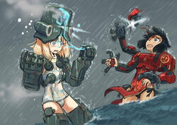  2girls absurdres acid black_hair blonde_hair blood cherno_alpha commentary_request crimson_typhoon defeat dissolving_clothes erica_(naze1940) extra_arms flat_chest helmet highres mecha_musume mechanical_arms multiple_girls ocean one-piece_swimsuit pacific_rim panties rain short_hair side-tie_panties spoilers swimsuit tears underwear white_one-piece_swimsuit 