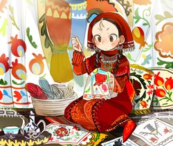  black_hair blush braid brown_eyes commentary cup earrings embroidery female forehead head_scarf holding holding_needle jewelry long_hair necklace needle otoyomegatari pillow sewing sitting solo sunameri_oishii teacup teapot thread tileke twin_braids 