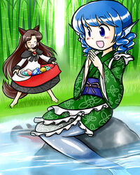  2girls :d ^_^ animal_ears bamboo bamboo_forest barefoot blue_eyes blue_hair brown_hair carrying closed_eyes commentary_request dress fins forest frilled_kimono frilled_sleeves frills gem head_fins imaizumi_kagerou japanese_clothes kimono long_hair mermaid monster_girl multiple_girls nature nitamago obi oerba_yun_fang open_mouth rock sash short_hair sitting sitting_on_rock skirt_basket skirt_hold smile tail touhou wakasagihime water wavy_hair wolf_ears wolf_tail 