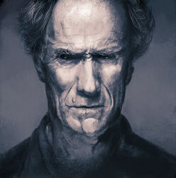  1boy actor balding beard clint_eastwood commentary_request derivative_work facial_hair greyscale male_focus mature_male monochrome old old_man photoshop_(medium) portrait real_life solo wrinkled_skin yudough 