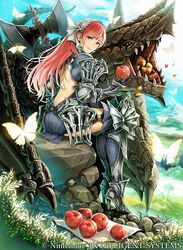  apple armor armored_boots ass axe backless_outfit battle_axe boots breastplate bug butterfly cherche_(fire_emblem) commentary_request company_connection copyright_name daigoman dragon female fire_emblem fire_emblem_awakening fire_emblem_cipher food fruit garter_straps gauntlets helswath high_heel_boots high_heels holding long_hair looking_at_viewer looking_back minerva_(fire_emblem_awakening) official_art outdoors pauldrons pink_hair protected_link red_eyes sharp_teeth shoulder_armor sitting smile teeth thigh_boots thighhighs weapon wyvern zettai_ryouiki 