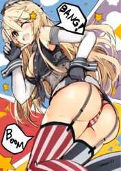  american_flag american_flag_panties american_flag_print ass bad_id bad_twitter_id bang_(gesture) blonde_hair breasts cleavage clothes_lift detached_sleeves english_text female finger_gun flag_print garter_straps gloves hands_on_own_hips iowa_(kancolle) kantai_collection long_hair looking_at_viewer medium_breasts minari_(minari37) miniskirt one_eye_closed panties print_panties skirt skirt_lift solo sound_effects star_(symbol) striped thighhighs underwear vertical_stripes 