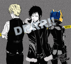  2boys animal_helmet ass back-to-back biker_clothes bikesuit black_hair black_shirt blonde_hair bodysuit breasts cat_helmet caution_tape celty_sturluson coat commentary_request contrapposto copyright_name crossed_arms durarara!! english_commentary engrish_commentary facing_away female flat_color fur-trimmed_coat fur-trimmed_hood fur-trimmed_sleeves fur_trim grey_background heiwajima_shizuo helmet high_contrast hood hooded_coat index_finger_raised keep_out long_sleeves looking_at_viewer mixed-language_commentary motorcycle_helmet multiple_boys open_clothes open_coat orihara_izaya pants pointing pointing_at_viewer runesque shirt short_hair skinny smile standing uniform 