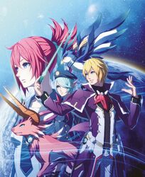  1boy 2girls absurdres akikazu_mizuno animal beret bird blonde_hair blue_eyes blue_hair coat conductor_baton hair_over_one_eye hat highres holding holding_weapon horns looking_at_viewer multiple_girls official_art original phantasy_star phantasy_star_online_2 planet pleated_skirt pointy_ears red_hair short_hair single_horn skirt summoner_(pso2) tact_(pso2) thighhighs torim_(pso2) wanda_(pso2) weapon yasaka_hitsugi 