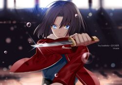  black_hair commentary_request english_text engrish_text female inanome_me jacket japanese_clothes kara_no_kyoukai kimono knife multicolored_eyes obi ranguage red_jacket reverse_grip ryougi_shiki sash short_hair solo typo 