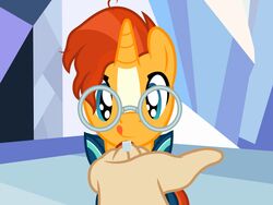  2018 4:3 badumsquish cloak clothing disembodied_hand duo equid equine eyewear first_person_view friendship_is_magic glasses hasbro hi_res horn human licking licking_lips male mammal my_little_pony mythological_creature mythological_equine mythology salt_cube self_lick solo_focus sunburst_(mlp) tongue tongue_out unicorn 