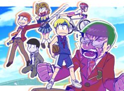  6+boys ;) angry artist_name bad_id bad_twitter_id ball basketball basketball_(object) basketball_uniform bicycle bicycle_helmet bike_jersey blonde_hair blue_hair brothers brown_hair commentary_request cosplay crossdressing cyclist f6_(osomatsu-san) glasses green_hair heart heart_in_mouth helmet hood hoodie kise_ryouta kise_ryouta_(cosplay) kosaka_honoka kosaka_honoka_(cosplay) kuroko_no_basuke love_live! love_live!_school_idol_project male_focus matsuno_choromatsu matsuno_ichimatsu matsuno_jyushimatsu matsuno_karamatsu matsuno_osomatsu matsuno_todomatsu multiple_boys one_eye_closed onoda_sakamichi onoda_sakamichi_(cosplay) orange_hair osomatsu-kun osomatsu-san osomatsu_(series) otonokizaka_school_uniform pink_hair red_hair school_uniform sextuplets shingeki_no_kyojin short_hair siblings smile sportswear tendoshi three-dimensional_maneuver_gear wig yowamushi_pedal 