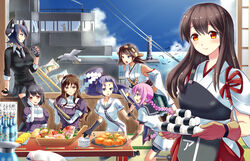  6+girls :d ahoge akagi_(kancolle) arm_support ashigara_(kancolle) bandages bird black_gloves black_legwear bottle braid brown_eyes brown_hair cardigan chopsticks cloud commentary_request day detached_sleeves dress elbow_gloves fingerless_gloves fish flag food gloves haguro_(kancolle) hair_ornament hairband hakama hakama_skirt hand_on_own_cheek hand_on_own_face hatsuharu_(kancolle) headgear hiei_(kancolle) japanese_clothes kantai_collection kneeling long_hair multiple_girls muneate necktie nenohi_(kancolle) noma_taoru ocean onigiri open_mouth own_hands_together photoshop_(medium) pink_hair plate pleated_skirt pointing pointing_at_self ponytail profile purple_hair rice rope sailor_collar sailor_dress seagull ship short_hair silhouette single_braid sitting skirt smile table tenryuu_(kancolle) thick_eyebrows thighhighs tray very_long_hair watercraft white_gloves yellow_eyes 