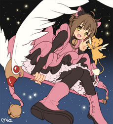  animal_ears antenna_hair brown_hair card cardcaptor_sakura cat_ears clow_card commentary dress female full_body fuuin_no_tsue gloves green_eyes kero_(cardcaptor_sakura) kinomoto_sakura kinomoto_sakura_(pink_kitty_costume) looking_at_viewer magical_girl mia0309 night open_mouth pantyhose photoshop_(medium) short_hair smile star_(symbol) symbol-only_commentary v wand white_gloves wings 