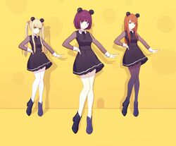  3girls animal_ears black_hair blonde_hair blue_eyes brown_hair chinese_commentary commentary_request ebato_sanae full_body highres kamomebata_noriko kuzu_no_honkai long_hair looking_at_viewer mouse_(company) mouse_ears multiple_girls pantyhose rekaerb_maerd short_hair twintails yasuraoka_hanabi yellow_eyes 