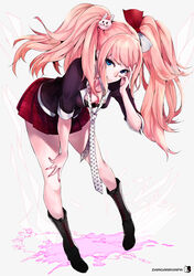  black_footwear blonde_hair blue_eyes boots bow breasts cleavage commentary_request cross-laced_footwear danganronpa:_trigger_happy_havoc danganronpa_(series) enoshima_junko female hair_ornament hairbow high_heel_boots high_heels highres ikusaba_mukuro knee_boots lace-up_boots leaning leaning_forward long_hair looking_at_viewer medium_breasts mille_(dieci) nail_polish necktie pink_hair school_uniform skirt sleeves_rolled_up smile solo twintails 