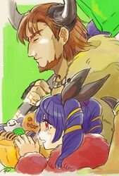  1boy animal_ears axe bad_id bad_twitter_id bat_ears beard brown_hair candy closed_eyes closed_mouth commentary_request demon_horns dorcas_(fire_emblem) dorcas_(halloween)_(fire_emblem) dragon_wings facial_hair fake_animal_ears female fire_emblem fire_emblem:_the_blazing_blade fire_emblem:_the_sacred_stones fire_emblem_heroes food from_side fur_trim green_background halloween halloween_costume holding holding_axe horns multi-tied_hair murabito_ba myrrh_(fire_emblem) myrrh_(halloween)_(fire_emblem) one-hour_drawing_challenge open_mouth purple_hair red_eyes short_hair signature simple_background twintails wings 