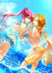  2girls amakata_miho ass back bikini blonde_hair commentary_request free! frilled_bikini frills highres innertube interlocked_fingers light_rays long_hair looking_back matsuoka_gou multiple_girls ocean open_mouth parted_lips photoshop_(medium) pink_eyes pink_hair ponytail short_hair side-tie_bikini_bottom striped_bikini striped_clothes sunbeam sunlight swim_ring swimsuit wading water weixvi yellow_eyes 