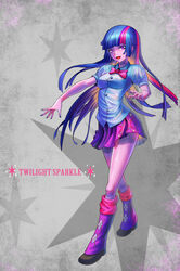  character_name colored_skin commentary english_commentary female full_body highres hime_cut leg_warmers long_hair multicolored_hair my_little_pony my_little_pony:_equestria_girls my_little_pony:_friendship_is_magic nail_polish open_mouth personification photoshop_(medium) pink_hair purple_eyes purple_hair purple_skin skirt smile solo streaked_hair tako_seijin twilight_sparkle_(human) twilight_sparkle_(mlp) 