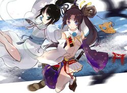  2girls bird black_hair blue_eyes breasts chinese_clothes fate/grand_order fate_(series) flower hair_ornament hat japanese_clothes jing_ke_(fate/grand_order) long_hair mask navel panties ponytail ribbon side_ponytail smile socks ushiwakamaru_(fate/grand_order) wide_sleeves 