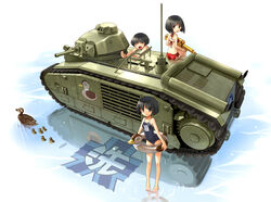  3girls armband bikini bird black_eyes black_hair caterpillar_tracks char_b1 closed_eyes commentary_request duck duckling emblem girls_und_panzer gotou_moyoko innertube katahira_masashi konparu_nozomi mallard military military_vehicle motor_vehicle multiple_girls on_vehicle one-piece_swimsuit ooarai_(emblem) ripples school_swimsuit short_hair sono_midoriko swim_ring swimming swimsuit tank water 