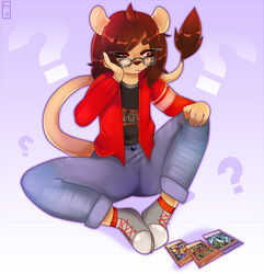  card clothing eyewear felid female flat_chested freakster geek glasses konami laish lion mammal nerd pantherine question_mark shirt solo text text_on_clothing text_on_shirt text_on_topwear topwear trading_card_game yu-gi-oh! 