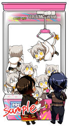  6+boys ^_^ animal_ears anz_(starry) armor black_hair brown_hair cat_ears cat_tail chibi clone closed_eyes commentary_request crane_game hood in_crane_game japanese_armor japanese_clothes male_focus multiple_boys oerba_yun_fang ookurikara open_mouth photoshop_(medium) sample_watermark shokudaikiri_mitsutada shoulder_armor smile sode tail touken_ranbu tsurumaru_kuninaga watermark white_hair yellow_eyes 