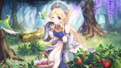  arm_guards arm_support armor bare_shoulders berry bird black_gloves blonde_hair blue_dress breasts closed_mouth collared_dress cross cross_fleury cygames dress elf faulds female flower forest gloves greek_cross hat long_dress long_hair looking_at_viewer nature official_art on_grass one_eye_closed outdoors parted_bangs pointy_ears princess_connect! purple_eyes sidelocks smile solo split_mouth yukari_(princess_connect!) 