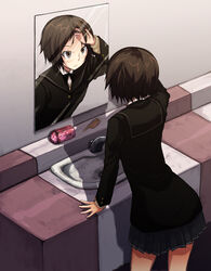  amagami bad_id bad_pixiv_id bathroom black_jacket black_skirt brown_eyes brown_hair comb cowboy_shot female from_behind hand_on_own_face highres indoors jacket kibito_high_school_uniform kurosawa_noriko long_sleeves looking_at_mirror mirror pencil_case photoshop_(medium) pleated_skirt reflection school_uniform short_hair sink skirt solo standing water wiori_(mashiro_miracle) 