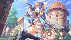  armor black_footwear black_gloves boots cygames day extra faulds female from_side gloves hairband headband holding holding_polearm holding_weapon knee_boots knee_pads mifuyu_(princess_connect!) official_art open_mouth outdoors people polearm ponytail princess_connect! purple_eyes purple_hair solo_focus standing standing_on_one_leg town vambraces weapon winged_hairband 