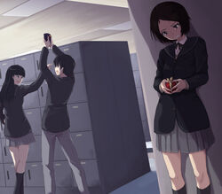  1boy 2girls amagami arms_up ayatsuji_tsukasa bad_id bad_pixiv_id black_jacket black_socks blazer ceiling_light clenched_teeth cowboy_shot gift grey_skirt highres indoors jacket kibito_high_school_uniform kurosawa_noriko locker long_sleeves multiple_girls open_mouth photoshop_(medium) pleated_skirt poking sailor_collar school_uniform skirt socks teeth wiori_(mashiro_miracle) 