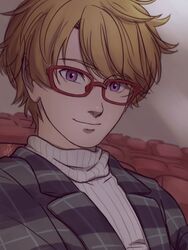  1boy aged_up blonde_hair ceejles commentary glasses highres jacket kim_yoosung male_focus purple_eyes ribbed_sweater smile solo susanghan_messenger sweater turtleneck upper_body 